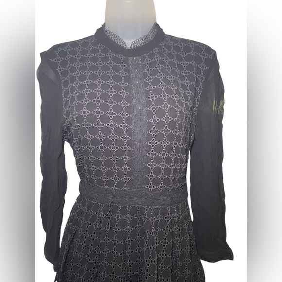 AllSaints Lilith Eyelet Fit & Flare Black Semi Sheer Dress Size 4 - Picture 10 of 10